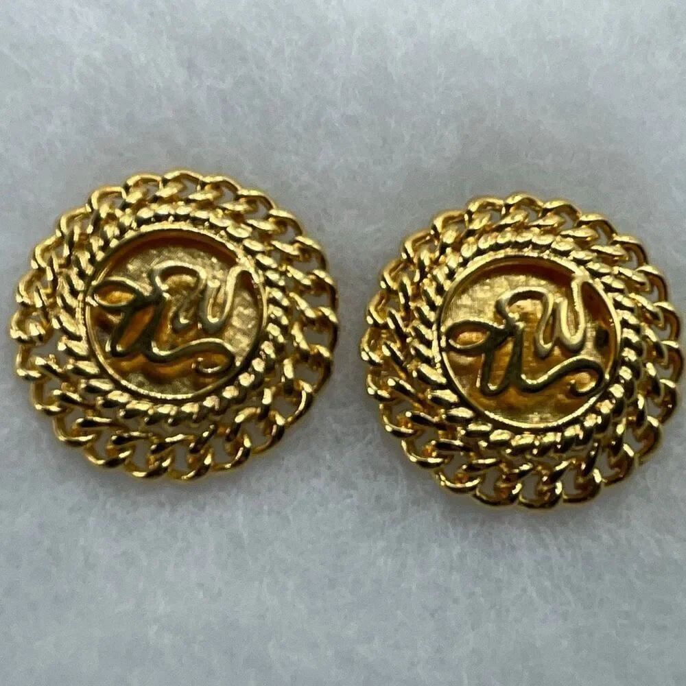 Vintage gold plated open cut scroll round rope edged big bold clip earrings